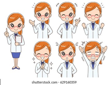 Set of various emotions of female doctor