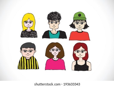 Set various emotions people cartoon faces