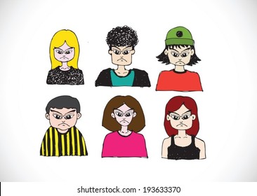 Set various emotions people cartoon faces