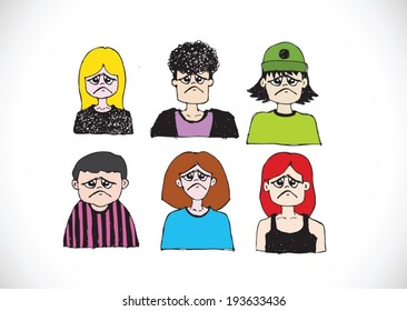 Set various emotions people cartoon faces