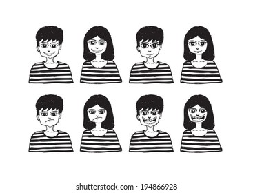 Set various emotions people cartoon faces