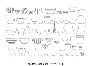 Set of various empty black line art flower pots and planters. Stock vector illustration.