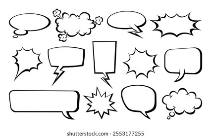 Set of various empty comic speech bubbles and thought clouds. Blank empty speak bubble text, message box, chatting box. Vector cartoon illustration