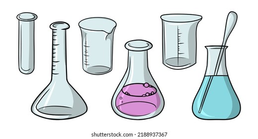 Un conjunto de varios frascos de vidrio vacíos y con una solución para experimentos, ilustración de dibujos vectoriales en un fondo blanco