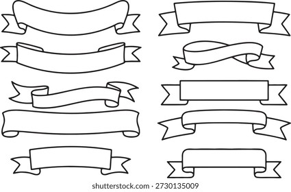 Set of various empty horizontal ribbon banners and scroll shapes drawn with simple black outline good for text labels awards badges or title holders in vector format