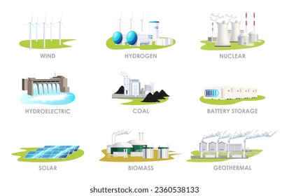 Set of various energy station. Collection of nuclear, solar, biomass, geothermal, hydrogen, wind, hydroelectric, coal, battery storage. Electricity production, energy factory. Vector illustration