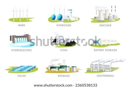 Set of various energy station. Collection of nuclear, solar, biomass, geothermal, hydrogen, wind, hydroelectric, coal, battery storage. Electricity production, energy factory. Vector illustration