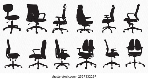 Set of various ergonomic office chair silhouettes, featuring different designs with adjustable features for workspace and productivity theme