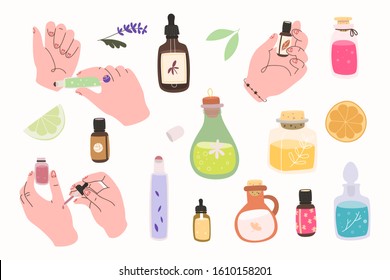 Set of various essential oils with female hands, plants and fruits. Collection of jars and flasks. All elements are isolated. Trendy illustration. Eps 10.