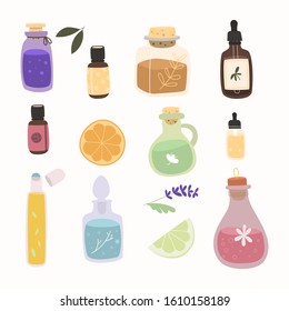 Set of various essential oils with plants and fruits. Collection of jars and flasks. All elements are isolated. Eps 10.