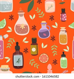 Set of various essential oils with plants and fruits. Hand drawn colored trendy vector seamless pattern. Eps 10.