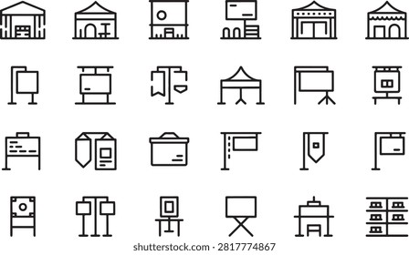 Set of various event venue and presentation equipment icons isolated on transparent background