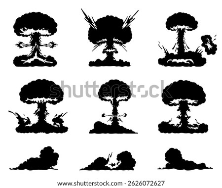 Set of various explosion black figures isolated on transparent background. Mushroom clouds, detonations, war themes. Nuclear, atomic bomb shapes blast. Vector set for conflict, destruction visuals.