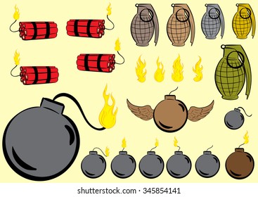Set with various explosives, dynamite, the grenade, a bomb