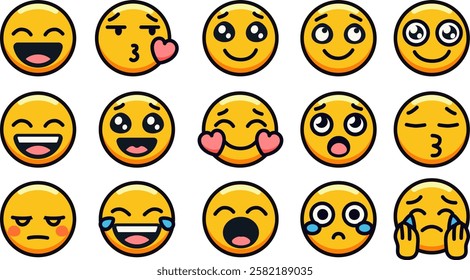 Set of various expressive yellow emoji faces with different emotions.