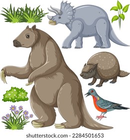 Conjunto de varias ilustraciones de animales extintos