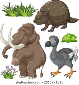 Set of various extinct animals illustration