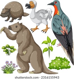 Set of various extinct animals illustration