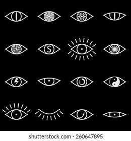 Set of Various Eye Icons on Black Background Vector illustration