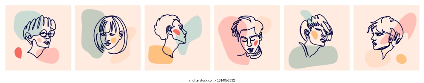 Set of various faces and abstract shapes. Vector hand drawn trendy illustrations. Line art, continuous line,  elegant outline faces. Minimalistic illustrations are isolated on white