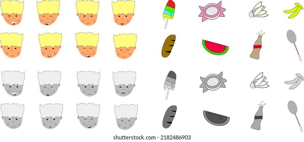 Set of various faces emotions, ice cream, candy, shuttlecock, banana, racket, drink, water melon, bread. Cute vector illustration. Drawings for sticker, logo, poster, template