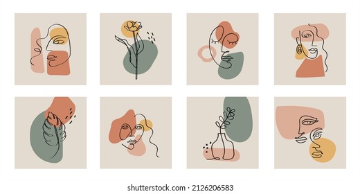 Set of various Faces, Flowers, Leaves abstract shapes. Ink painting style. Hand drawn abstract feminine print. Continuous line, minimalistic elegant concept.Modern single line art vector illustration