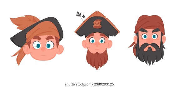 Set von verschiedenen Gesichtern von Piraten und Räubern. Cartoon-Stil