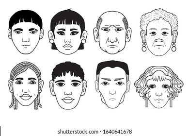 A set of various faces. Young and old people of different ethnic groups. Vector isolated black and white drawing.