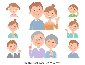 A set of various facial expressions of 6 people in a 3-generation family. Smiles, OK signs, guts poses, etc.