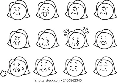 A set of various facial expressions of an aunt who is happy, angry, sad, and happy.