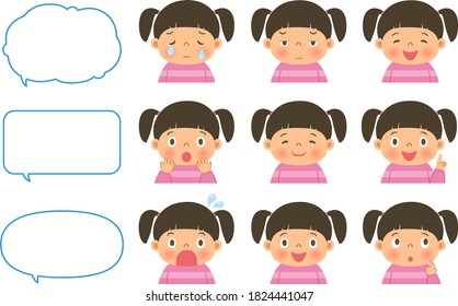 Set of various facial expressions of girl and  speech bubbles.
