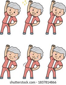 A set of various facial expressions of an old woman doing gymnastics