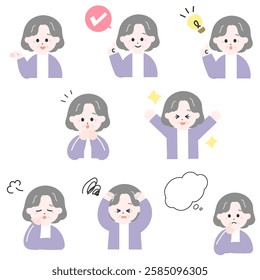 A set of various facial expressions and pose variations of elderly Japanese women Simple and cute illustrations