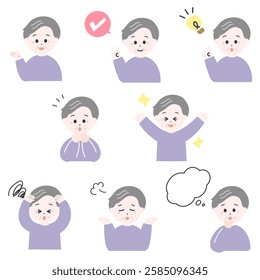 A set of various facial expressions and pose variations of elderly Japanese men. Simple and cute illustrations