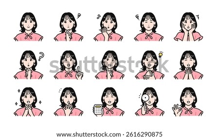 A set of various facial expressions of a stylish young woman
