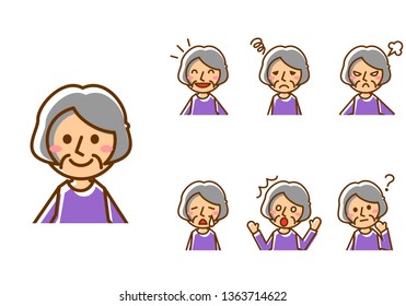Set of various facial expressions. Upper body of elderly women character. Vector illustration.
