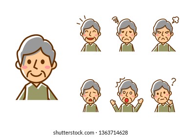 Set of various facial expressions. Upper body of elderly men character. Vector illustration.