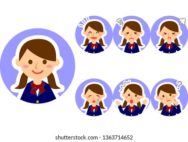 Set of various facial expressions. Upper body of female student character. Vector illustration.
