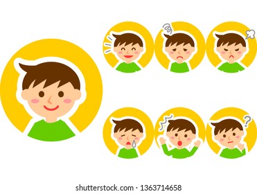 Set of various facial expressions. Upper body of boy character. Vector illustration.
