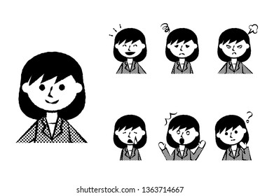 Set of various facial expressions. Upper body of female office worker character. Vector illustration.