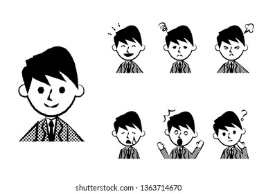 Set of various facial expressions. Upper body of male office worker character. Vector illustration.
