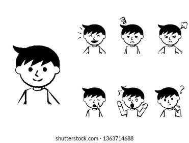 Set of various facial expressions. Upper body of boy character. Vector illustration.
