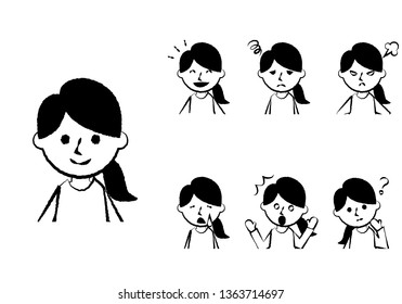 Set of various facial expressions. Upper body of woman character. Vector illustration.
