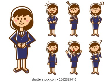 Set of various facial expressions. Whole body of female office worker character. Vector illustration.
