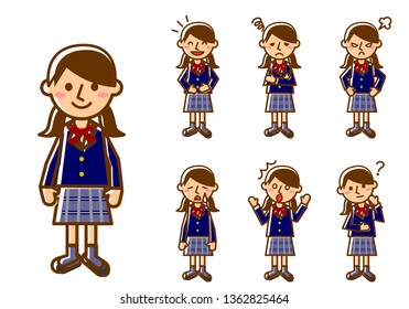 Set of various facial expressions. Whole body of female student character. Vector illustration.
