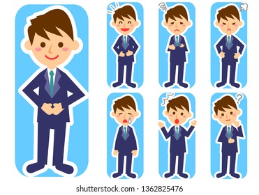 Set of various facial expressions. Whole body of male office worker character. Vector illustration.
