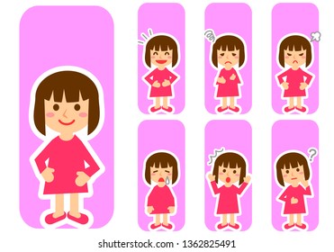 Set of various facial expressions. Whole body of girl character. Vector illustration.

