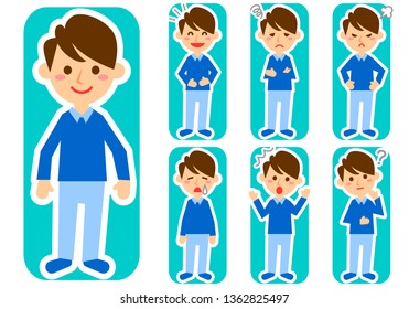 Set of various facial expressions. Whole body of man character. Vector illustration.
