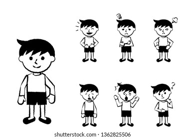 Set of various facial expressions. Whole body of boy character. Vector illustration.
