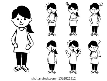 Set of various facial expressions. Whole body of woman character. Vector illustration.
